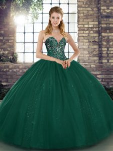 Fine Floor Length Lace Up Quinceanera Dress Peacock Green for Military Ball and Sweet 16 and Quinceanera with Beading