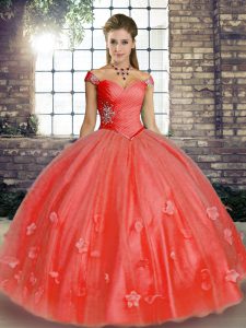 Suitable Tulle Off The Shoulder Sleeveless Lace Up Beading and Appliques Sweet 16 Dress in Watermelon Red