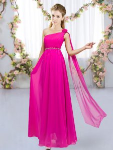 Beading and Hand Made Flower Quinceanera Court Dresses Hot Pink Lace Up Sleeveless Floor Length