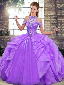 Floor Length Lace Up Quinceanera Gowns Lavender for Military Ball and Sweet 16 and Quinceanera with Beading and Ruffles