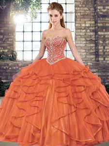 Floor Length Rust Red Quince Ball Gowns Tulle Sleeveless Beading and Ruffles