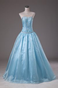 Fashion Baby Blue Organza Lace Up Vestidos de Quinceanera Sleeveless Floor Length Beading