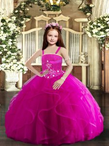 Dramatic Tulle Straps Sleeveless Lace Up Beading and Ruffles Little Girls Pageant Gowns in Fuchsia