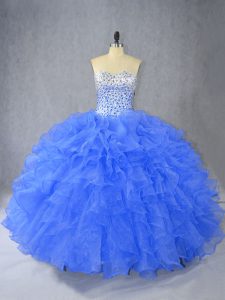 Custom Made Blue Lace Up Sweetheart Beading and Ruffles 15th Birthday Dress Organza Sleeveless