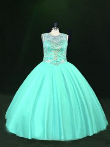 Flirting Turquoise Tulle Lace Up Scoop Sleeveless Floor Length Quinceanera Gowns Beading