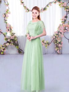 High Class Apple Green Scoop Neckline Lace and Belt Court Dresses for Sweet 16 Short Sleeves Side Zipper