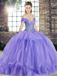 Lavender Ball Gowns Off The Shoulder Sleeveless Tulle Floor Length Lace Up Beading and Ruffles 15 Quinceanera Dress