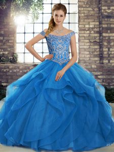 Best Blue Off The Shoulder Neckline Beading and Ruffles 15 Quinceanera Dress Sleeveless Lace Up