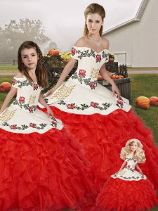 Edgy White And Red Organza Lace Up Off The Shoulder Sleeveless Floor Length Sweet 16 Dress Embroidery and Ruffles