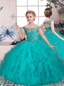 Custom Made Teal Kids Pageant Dress Party and Sweet 16 and Wedding Party with Beading Off The Shoulder Sleeveless Lace Up