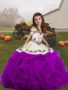 Purple Sleeveless Embroidery and Ruffles Floor Length Pageant Gowns For Girls