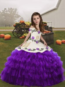 Eggplant Purple Ball Gowns Straps Sleeveless Organza Floor Length Lace Up Embroidery and Ruffled Layers Little Girls Pageant Dress