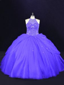 Fancy Purple Ball Gowns Beading Quinceanera Dresses Lace Up Tulle Sleeveless Floor Length