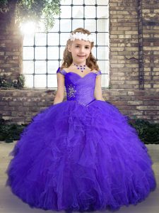 Top Selling Sleeveless Lace Up Floor Length Beading and Ruffles Kids Pageant Dress