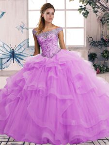 Shining Sleeveless Tulle Floor Length Lace Up Quinceanera Dress in Lilac with Beading and Ruffles