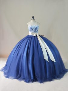 Nice Navy Blue Ball Gowns Scoop Sleeveless Tulle Brush Train Lace Up Appliques and Sashes ribbons and Bowknot Sweet 16 Dresses