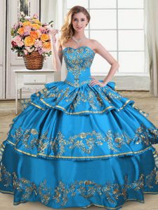 Spectacular Satin and Organza Sweetheart Sleeveless Lace Up Embroidery and Ruffled Layers Quinceanera Gowns in Blue