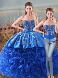 New Style Royal Blue Two Pieces Embroidery and Ruffles Ball Gown Prom Dress Lace Up Fabric With Rolling Flowers Sleeveless