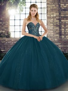 Clearance Teal Sleeveless Floor Length Beading Lace Up Sweet 16 Dress