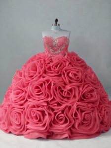 Brush Train Ball Gowns Quince Ball Gowns Coral Red Sweetheart Fabric With Rolling Flowers Sleeveless Lace Up