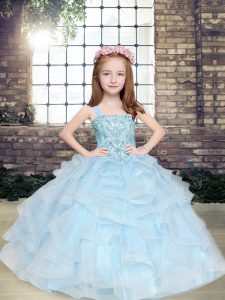 Light Blue Sleeveless Tulle Lace Up Kids Pageant Dress for Party and Military Ball and Wedding Party