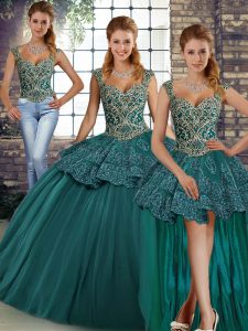 Enchanting Green Sleeveless Floor Length Beading and Appliques Lace Up Quince Ball Gowns