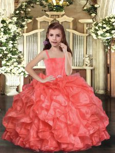 Coral Red Sleeveless Floor Length Ruffles Lace Up Kids Formal Wear