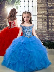 Enchanting Off The Shoulder Sleeveless Lace Up Little Girls Pageant Gowns Blue Tulle