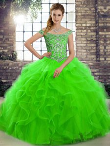 Green Ball Gowns Tulle Off The Shoulder Sleeveless Beading and Ruffles Lace Up Sweet 16 Dresses Brush Train