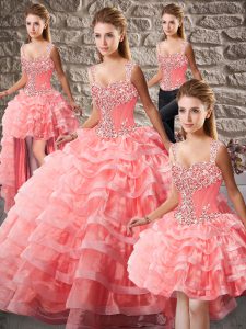 Exceptional Watermelon Red Ball Gowns Straps Sleeveless Organza Court Train Lace Up Beading and Ruffled Layers Quinceanera Dress