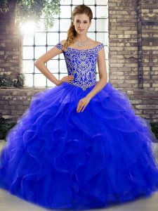 Lace Up Quinceanera Dress Royal Blue for Military Ball and Sweet 16 and Quinceanera with Beading and Ruffles Brush Train