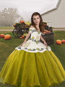 Trendy Olive Green Organza Lace Up Straps Sleeveless Floor Length Little Girls Pageant Gowns Embroidery