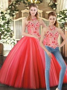 Sleeveless Tulle Floor Length Lace Up Quinceanera Gown in Coral Red with Embroidery