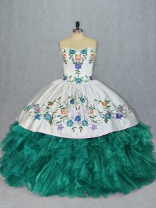 Embroidery and Ruffles 15th Birthday Dress Turquoise Lace Up Sleeveless Floor Length