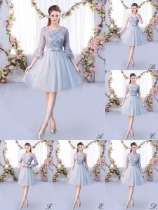 Hot Selling Lace and Belt Quinceanera Court Dresses Grey Lace Up 3 4 Length Sleeve Knee Length