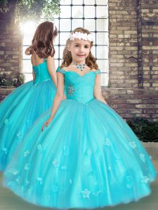 Floor Length Aqua Blue Girls Pageant Dresses Straps Sleeveless Lace Up