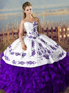 Classical White And Purple Lace Up Sweetheart Embroidery and Ruffles Sweet 16 Dresses Satin and Organza Sleeveless