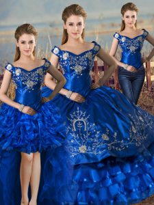 Low Price Royal Blue Sleeveless Embroidery and Ruffled Layers Floor Length Ball Gown Prom Dress