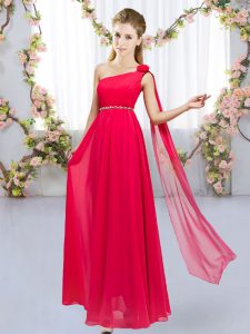 Red Dama Dress for Quinceanera Wedding Party with Beading and Hand Made Flower One Shoulder Sleeveless Lace Up