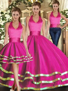 High Quality Ball Gowns 15 Quinceanera Dress Fuchsia Halter Top Tulle Sleeveless Floor Length Lace Up