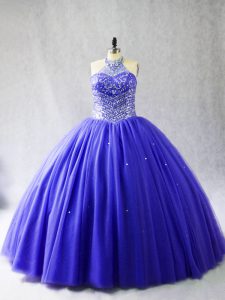 Elegant Blue Lace Up Halter Top Beading Sweet 16 Quinceanera Dress Tulle Sleeveless Brush Train