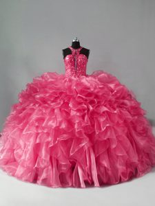 Stylish Hot Pink Vestidos de Quinceanera Halter Top Sleeveless Zipper