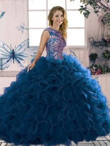 Royal Blue Sweet 16 Quinceanera Dress Military Ball and Sweet 16 and Quinceanera with Beading and Ruffles Scoop Sleeveless Lace Up