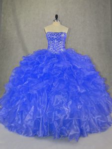 Simple Floor Length Blue 15th Birthday Dress Organza Sleeveless Beading and Ruffles