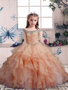 Peach Lace Up Scoop Beading and Ruffles Little Girls Pageant Dress Wholesale Organza Sleeveless