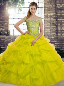 Most Popular Tulle Off The Shoulder Sleeveless Brush Train Lace Up Beading and Pick Ups Quinceanera Dress in Yellow Green