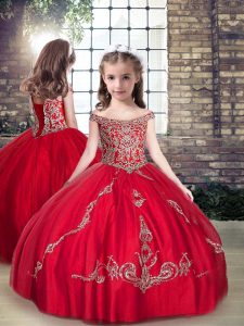 New Style Floor Length Red Girls Pageant Dresses Straps Sleeveless Lace Up