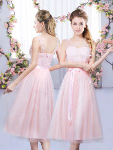 Baby Pink Sleeveless Tulle Lace Up Quinceanera Court Dresses for Wedding Party