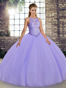 Shining Sleeveless Tulle Floor Length Lace Up Quinceanera Gowns in Lavender with Embroidery