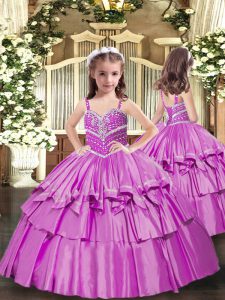 Lilac Straps Neckline Beading Pageant Gowns For Girls Sleeveless Lace Up